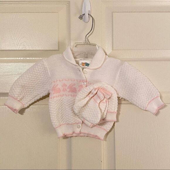 Vintage GIRLS Knitted Rabbit CARDIGAN With Booties & Hat - Picture 1 of 7
